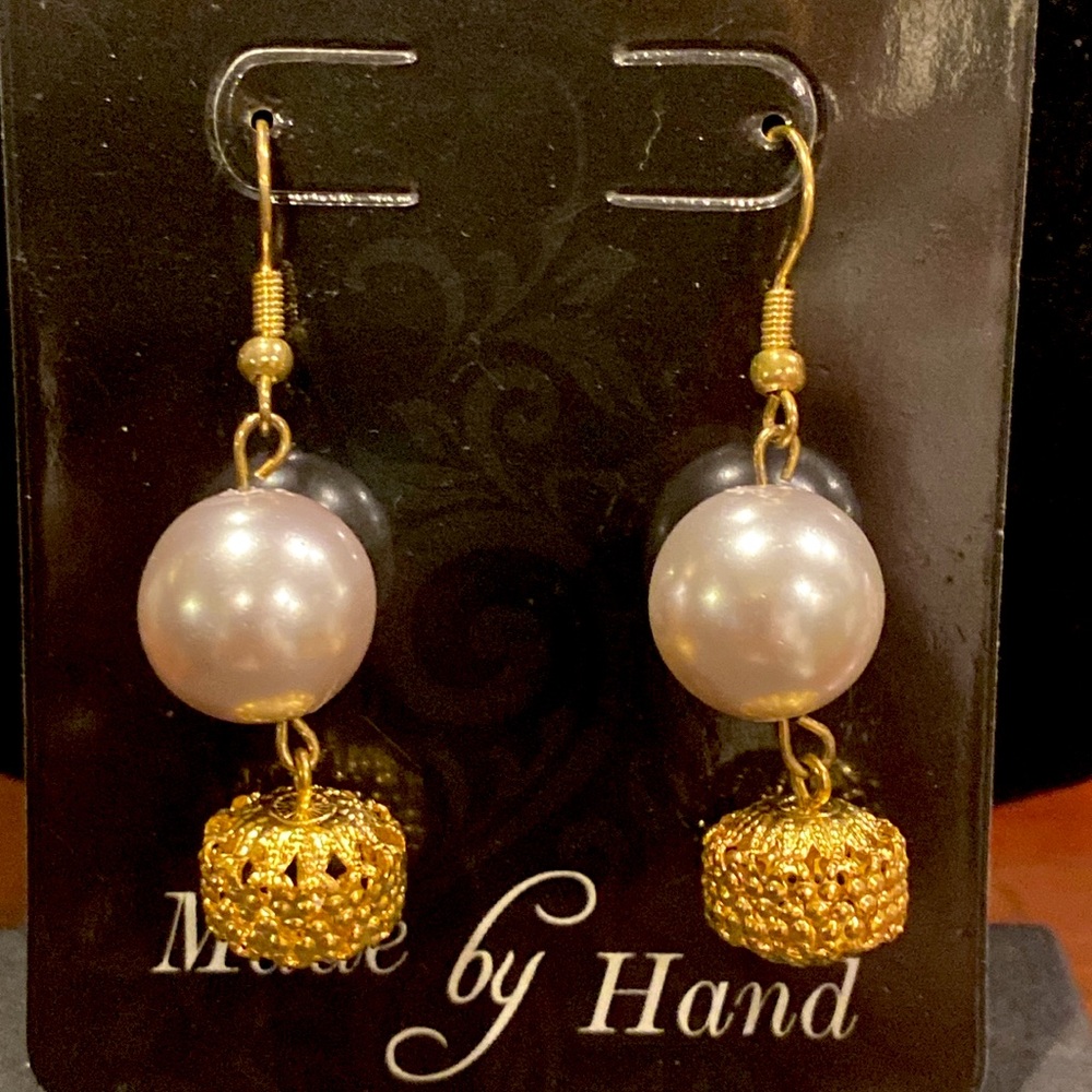3/$10 Faux Pearl Dangling Earrings in Gold Tone.